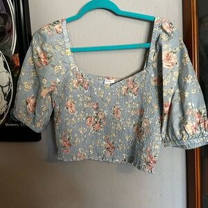 American Eagle Outfitters Floral Blue Puff Sleeve Blouse